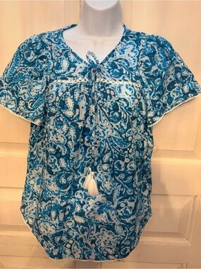 M&S Collection Boho Blue Paisley with tasselsTie-Front Women's Blouse Small